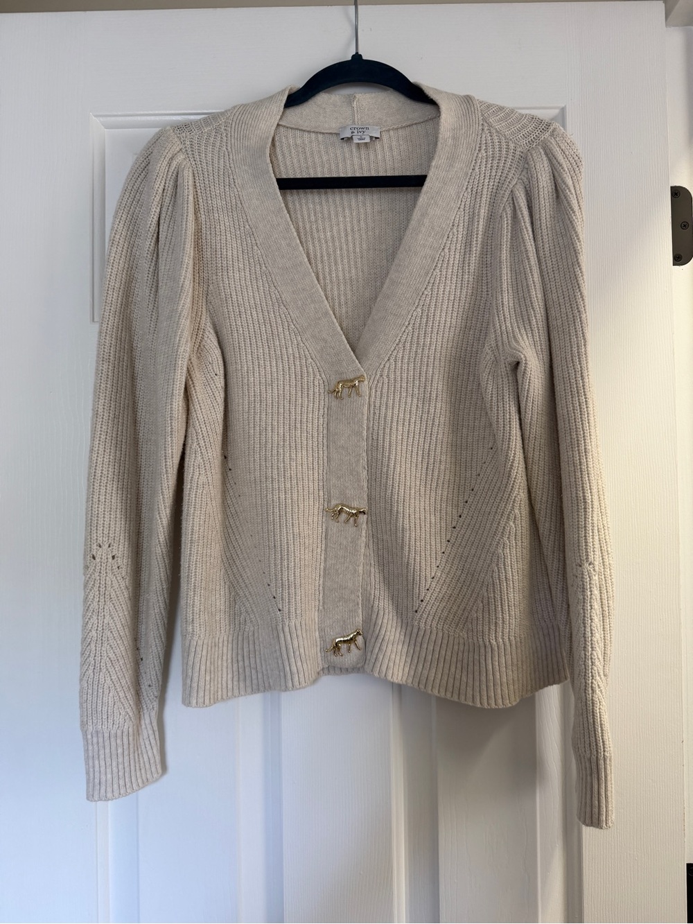 crown & ivy Cream Ribbed V-Neck Cardigan with Gold Animal Buttons